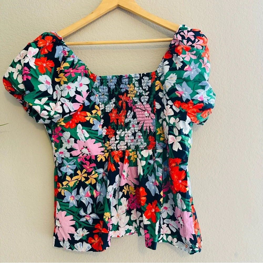 Old Navy Size XL Trapeze Blouse Top Floral Puff Short Sleeve Wide Neck Bohemian